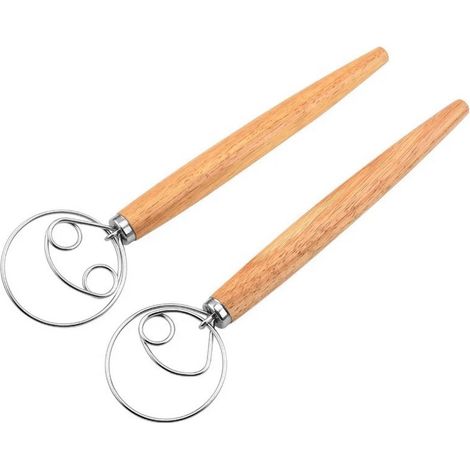 Lot de 2 agitateurs de pâte avec manche en bois et tête en fil d'acier inoxydable, tige de mélange professionnelle pour la cuisson du pain pour le levain et la pâte de blé (1/5)