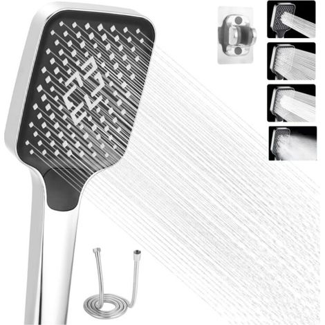 4Modes Pommeau de Douche, Pommeau de Douche Haute Pression , Douchette Douche Salle de Bain, Pommeau de Douche Economie Deau, Pommeau Douche, Grand Douchette Douche avec Tuyau et Socle (Argent) (1/5)