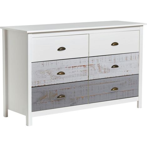 Commode 6 tiroirs 130x45x80 cm en pin blanc, gris et beige - KINDA (1/5)