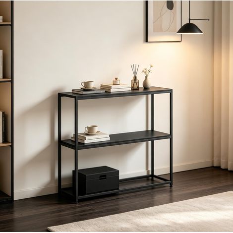 Table console 100/30/87 cm noire à 2 niveaux en acier et panneaux de particules (1/5)