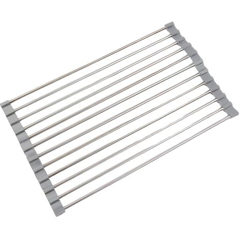 Égouttoir à enrouleur rétractable en acier inoxydable - Se place au-dessus de l'évier - Égouttoir de cuisine - Étagère pliable - Gris multifonctionnel (1/5)