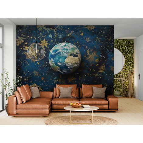 Papier peint Cosmique – planète Terre et motifs floraux - 150 x 250 cm (1/2)
