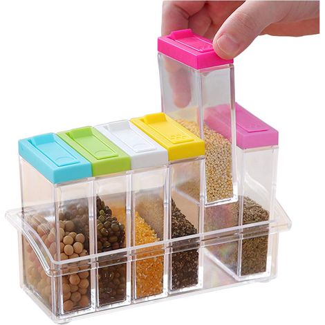 Ensemble de 6 pots à épices transparents en plastique, récipients de rangement pratiques pour le sel, le sucre et le poivre. (1/5)