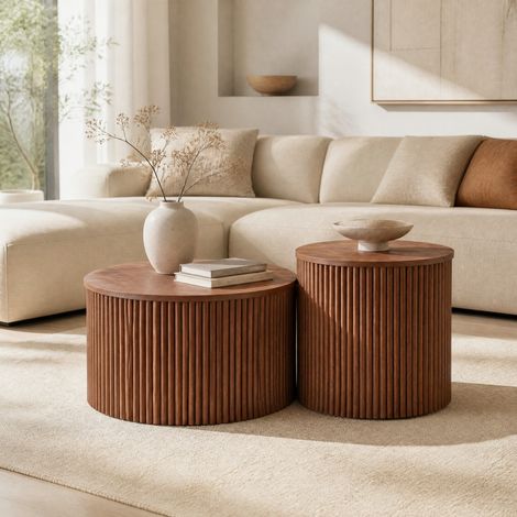 Table basse gigogne 2 pièces en MDF finition noyer avec rangement intégré (1/5)