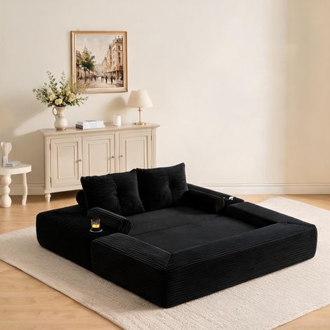 Canapé convertible 2 places en velours côtelé noir 180 cm (1/5)