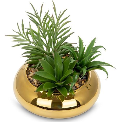Kunstpflanze Sukkulente Keramiktopf 18cm Fensterbank Gold (1/5)