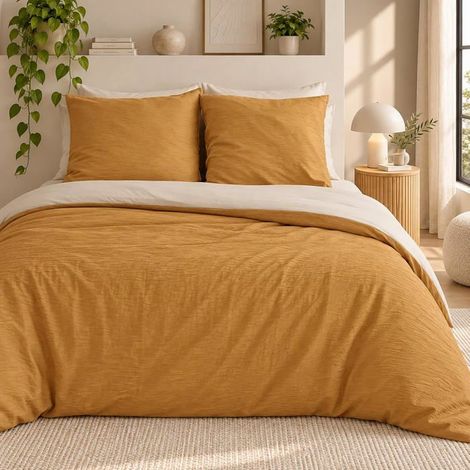 Parure de lit - 220x240 cm - Réversible - Bicolore - Jaune soleil et sablé (1/5)