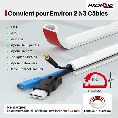Self-adhesive cable duct for 2 to 3 electrical cables, cable duct, TV and electric cable cover for home and office, 25 mm (width) x 17 mm (height) x 1 m length – white (1/2)