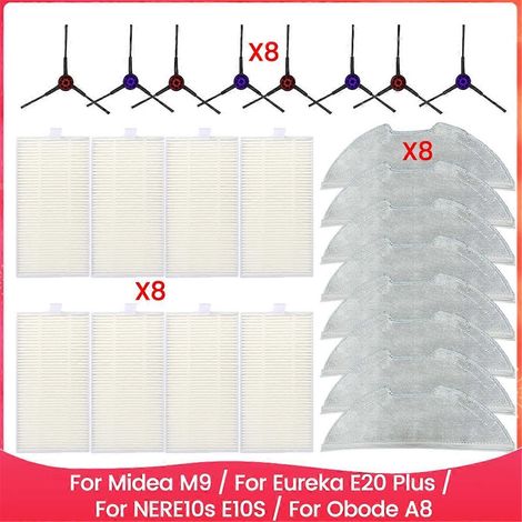 Pièces détachées compatibles avec M9 / E20 Plus / NERE10s E10S / Obode A8 : brosse latérale, filtre HEPA et chiffon de nettoyage. (1/5)