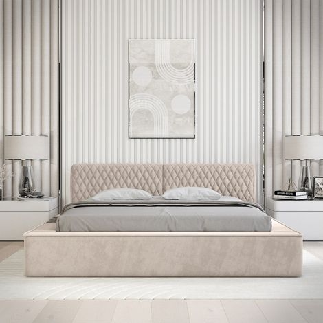 Lettino VERNON – Tessuto ciniglia bouclé Sabbia rosata – 160x200 cm – Rete sollevabile – Design di alta gamma