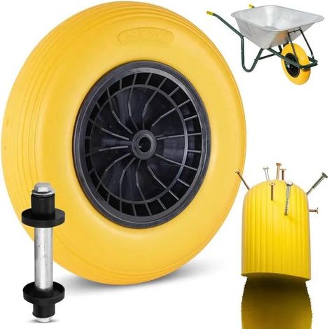 Roue de brouette - MESO - Jaune - 400x8 - PU anti-crevaison, jante plastique, roulement 20mm + axe
