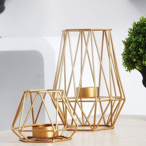2-piece set of metal hexagon-shaped geometric design tea light votive candle holders, hollow iron tealight candle holders for vintage wedding and home decoration, gold Christmas candle holder decor (S (1/3)