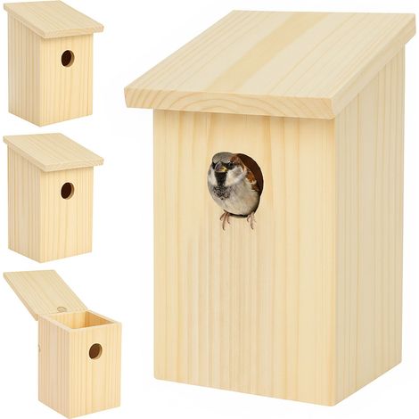 Relaxdays nest box, set of 4, sparrows & tits, 32 mm hole, roof flap, hanging bird box, natural wood
