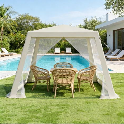Pavillon de jardin 3 x 3 m avec moustiquaire respirante, protection UV, structure métallique, beige (1/4)