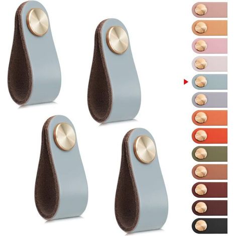 4pcs Poignée Meuble Cuir, Bouton Porte Placard Poignee Cuir Bouton de Tiroir, Poignee de Meuble Vintage pour Armoires, Commode, Cuisine, Salle de Bain (Bleu, Monotrou) (1/4)