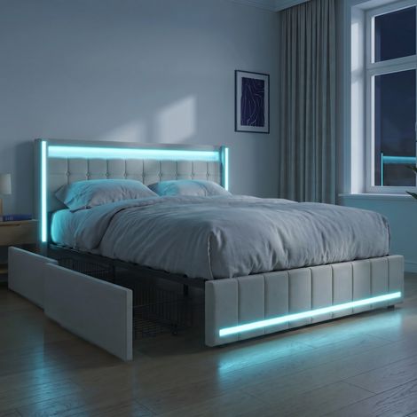 Lit double adulte 180x200 cm avec 4 tiroirs, Éclairage LED RGB, Ports USB, Lit capitonné en tissu lin, Beige (1/5)