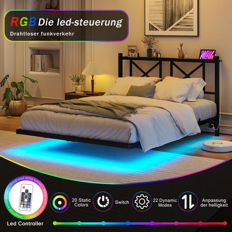 Cadre de lit 120x200 cm double avec éclairage LED, station de recharge, tête de lit intégrée et sommier métallique flottant, robuste et stable, montage facile (sans matelas)