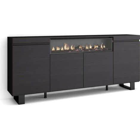 Aparador Churriana-01 de 200x87x35 cm con 4 puertas, chimenea y luces LED, color negro (1/4)