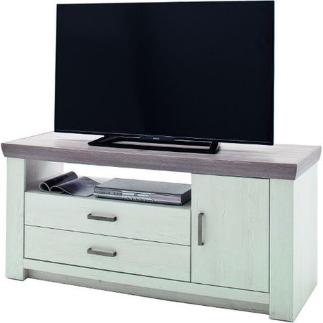 Meuble TV en pin blanc et chêne Neslon - L.180 x H.66 x P.56 cm -PEGANE-
