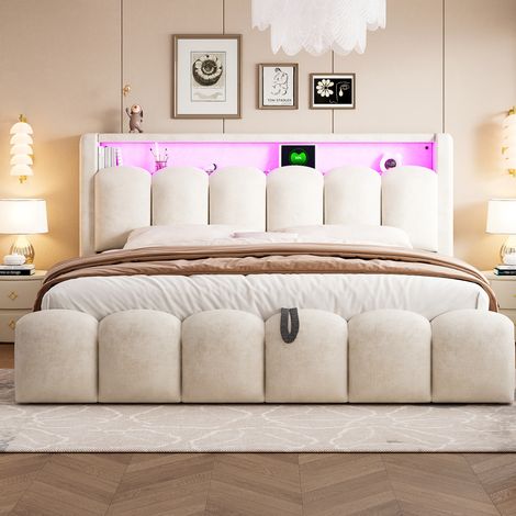 DESVIAE Lit coffre rembourré 180 x 200 cm en velours beige avec rangement hydraulique, ports USB et USB C, LED et tête de lit à motif pétale (1/4)