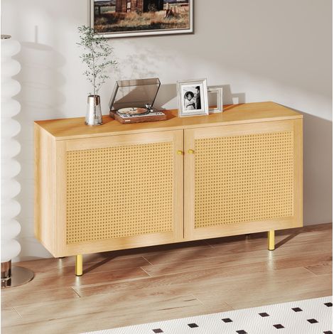 Doppeltür-Sideboard aus MDF in Naturholzoptik, Türen in Rattanoptik, 120 x 40 x 63 cm HAVRYA (1/5)
