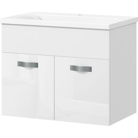 Meuble de salle de bain suspendu avec lavabo, meuble à 2 portes avec charnières à fermeture douce, 61 x 40 x 50 cm, blanc brillant