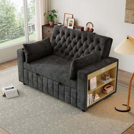 Canapé convertible 140x137x84 cm, 2 places, dossier 3 positions, ports USB, porte gobelet, chenille grise (1/5)