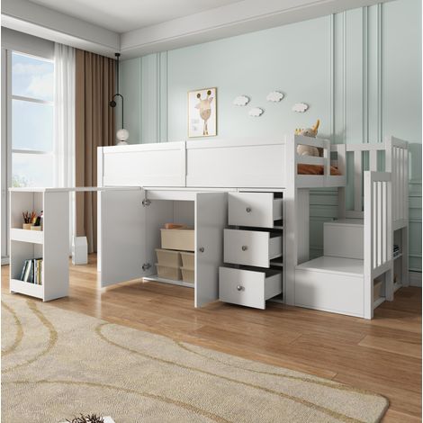 Cama alta infantil 90x200 cm blanca de MDF con escritorio extraíble y almacenaje (1/5)
