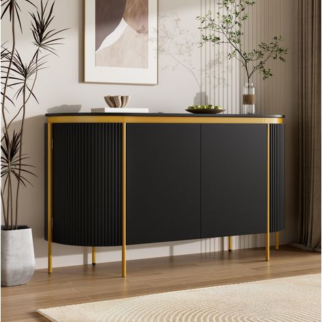 Credenza ovale da ingresso 140x38x80 cm con 4 ante, vano contenitore con sistema di gestione cavi, gambe in metallo, MDF nero (1/5)