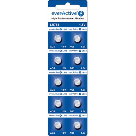 Mini piles alcalines everActive AG5 G5 LR754 LR48 - blister de 10 pièces