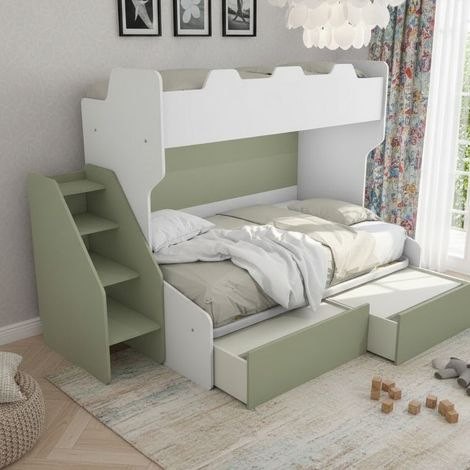 Letto a castello 3 posti con terzo letto estraibile e scaletta contenitore - Una piazza e mezza - Bianco e Salvia