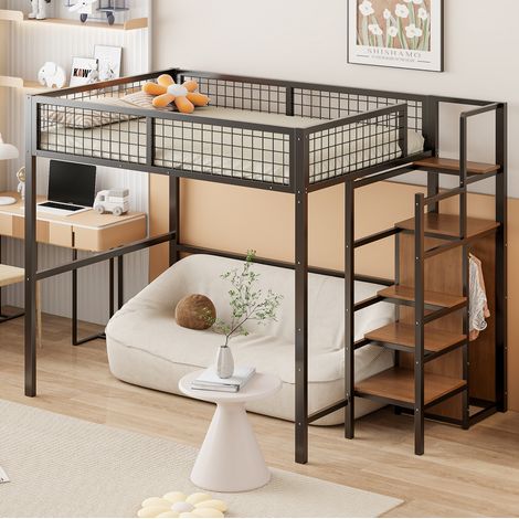 Cama alta infantil con armario y escalera negra OKMYHOME (1/5)