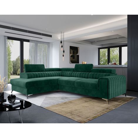 Bestmobilier – Canapé d'angle gauche convertible 5 places avec coffre – Revêtement en velours vert – Dimensions 278x205cm – Style contemporain (1/5)