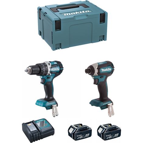 Makita – Pack de 2 outils électroportatifs 18V – Perceuse à percussion et visseuse à chocs Brushless – 2 batteries 5Ah et chargeur inclus – DLX2180TJ