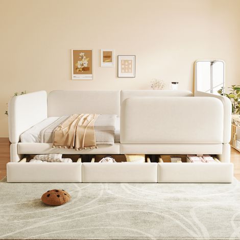 Lit enfant capitonné 140 x 200 cm avec barrière de sécurité périphérique et coins arrondis, avec tiroir de rangement, lit junior, tissu velours beige (sans matelas) (1/5)