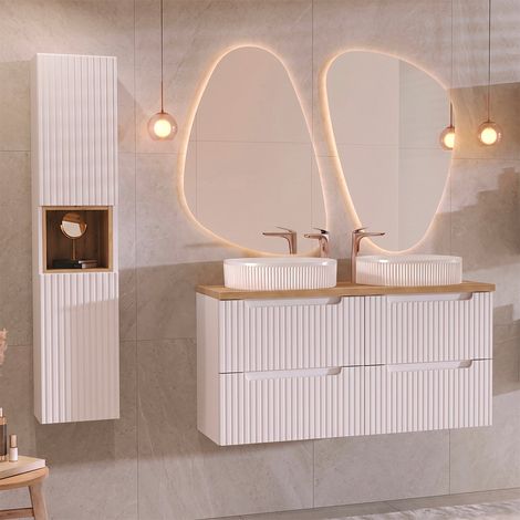 Ensemble meuble double vasque 120cm 4 tiroirs et colonne Riva Blanc et Bois (1/5)