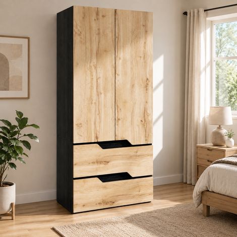 Armario ropero de dormitorio 90x50x200 cm, vestidor moderno de almacenaje en MDF aspecto roble, 2 puertas y 2 cajones, Negro y Madera (1/5)