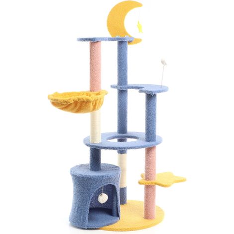 Fudajo Árbol rascador para gatos luna y estrellas 132cm azul/amarillo con casa para gatos y sisal (1/5)
