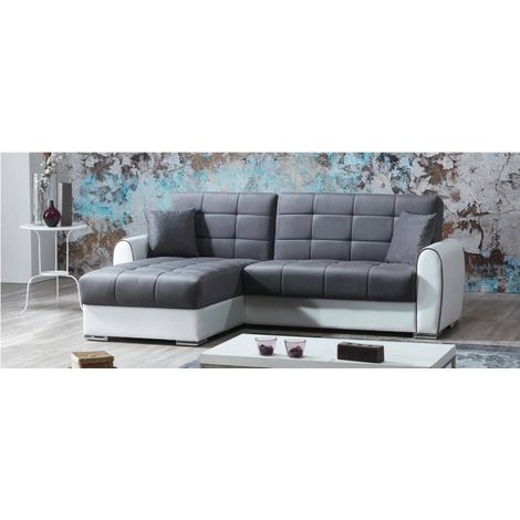Dmora - Canapé Dflumin, Canapé conteneur d'angle en éco-cuir et tissu, Canapé avec ouverture clic-clac et péninsule réversible, 246x160h91 cm, Blanc et Gris (1/3)