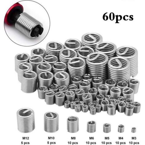 Filets Rapportés Type Helicoil M3 M4 M5 M6 M8 M10 M12 Assortiment d'Inserts de Réparation de Fil Métallique en Acie (1/4)