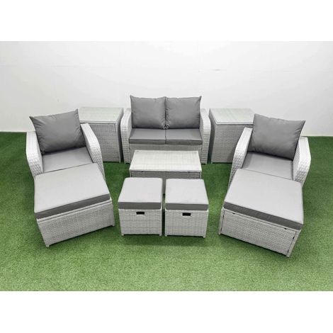 Fimous 10 PCs Rectangular Coffee Table Set Reclining Chair Inclining Sofa Seat 2 Side Tables 2 Big Footstool Light Grey (1/4)