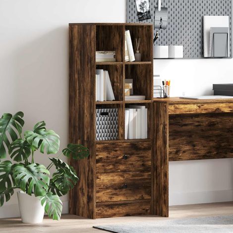 Armoire haute avec 2 tiroirs en bois d’ingénierie, chêne fumé, 45,5 x 34 x 127 cm - PANGIVO (1/5)