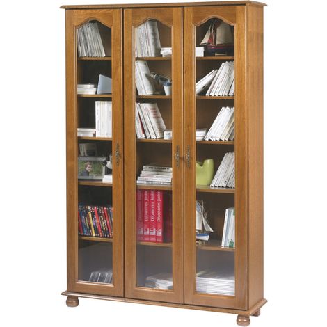 Vitrine Bibliothèque Chêne 3 Portes Vitrées 12 Niches L 120.6 H 182.2 P 33 cm (1/5)