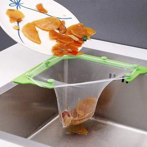 Dreieckiger Küchenfilter, Ecksieb für die Spüle, Feinnetz-Abtropfsieb zur Aufbewahrung von Abfällen in der Spüle (1 Halter + 50 Filterbeutel) (1/5)