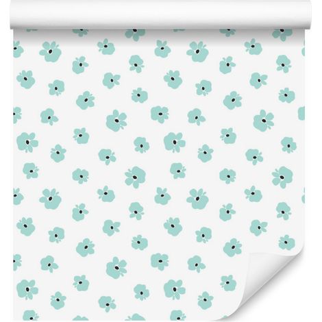 Papel pintado de pequeñas flores turquesas para salón y dormitorio, 50x1000 cm. (1/5)
