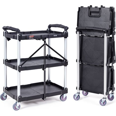 Chariot de Service 65x39x83 cm Chariot de Transport Utilitaire Pliable 3 Étagères Capacité Totale 74,8 kg 25 kg/Étagère Roues Pivotantes (2 avec Freins) pour Outils de Garage Entrepôt Bureau (1/5)