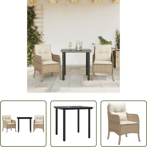 Gartenstuhl - 3-tlg. Garten-Essgruppe mit Kissen Beige Poly Rattan (1/5)