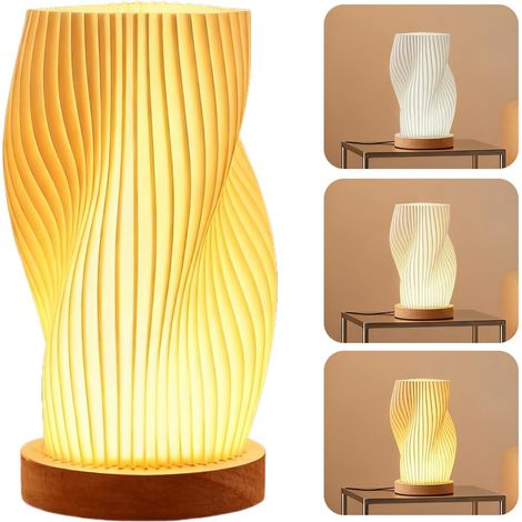 Veilleuse avec socle en bois, connexion USB, rayé rétro, trois couleurs, abat-jour PLA, lampe LED, petite lampe de table pour chambre/salon
