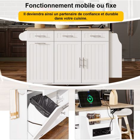 Îlot de cuisine mobile avec plan de travail extensible, espace repas intégré et compartiment poubelle, autonome avec prises électriques, parfait pour cuisine et salle à manger.