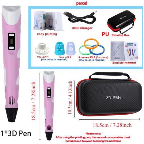 Penna per stampa 3D per bambini, puzzle fai-da-te per disegnare in 3D, modello USB + borsa + libro da colorare pieghevole + 2 copridita, rosa